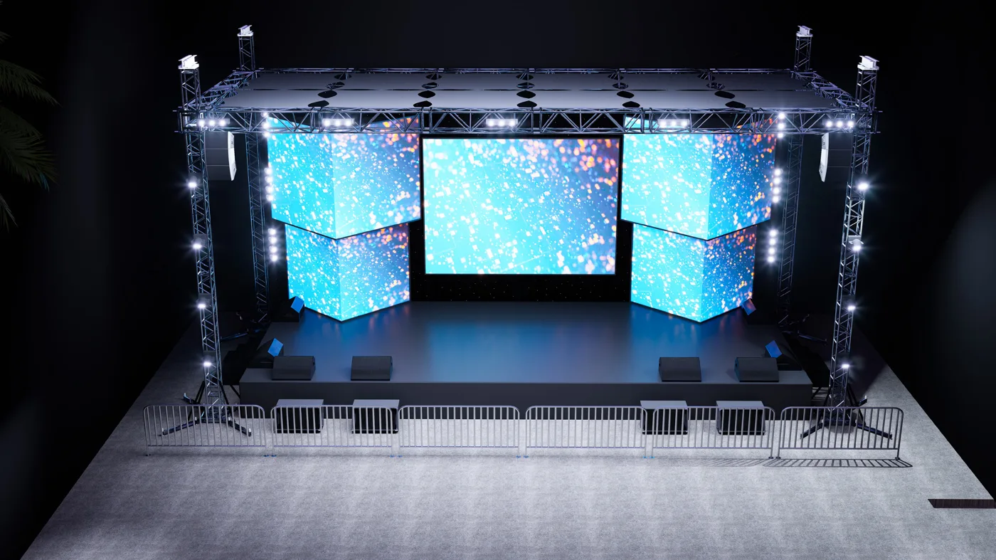 Stage structure with LED screens and overhead lighting